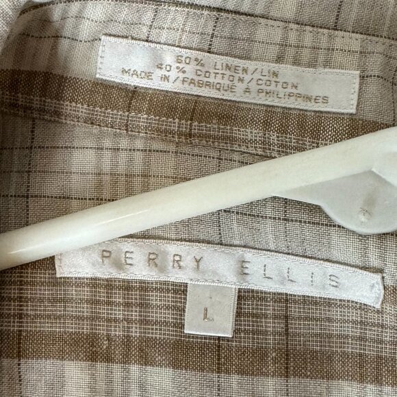 Vintage Perry Ellis Linen Short Sleeved Plaid Shirt - Picture 3 of 5